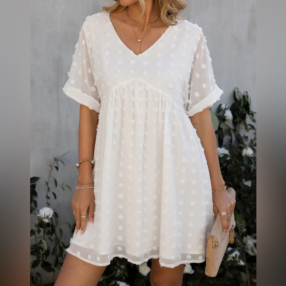 NEW White Polka dot Baby doll V neck short sleeve dress Cupshe
